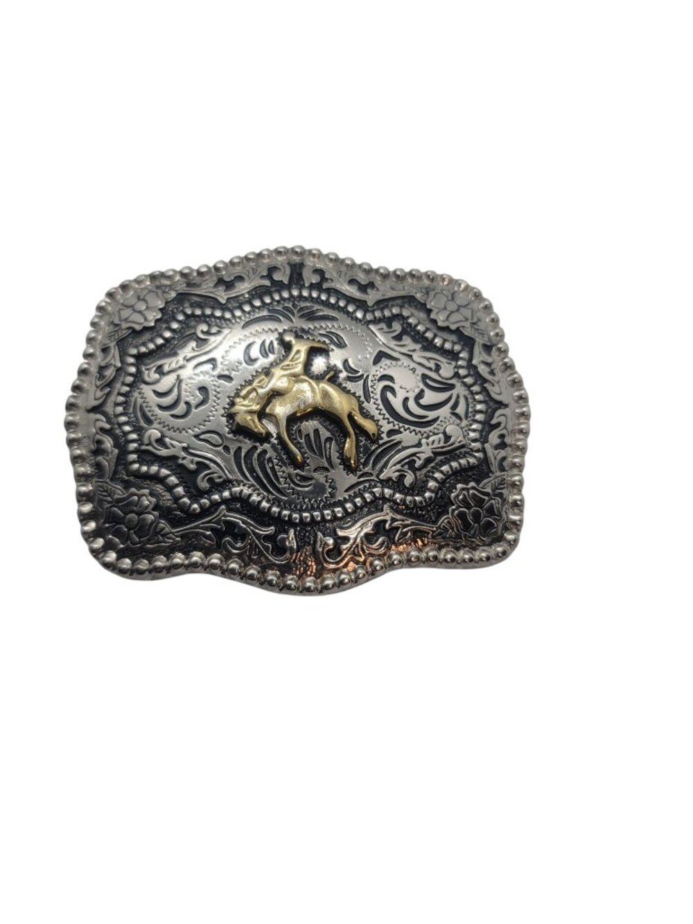 Western Belt Buckle With Gold-Tone Rodeo Horse & Rider Floral Design Bronco